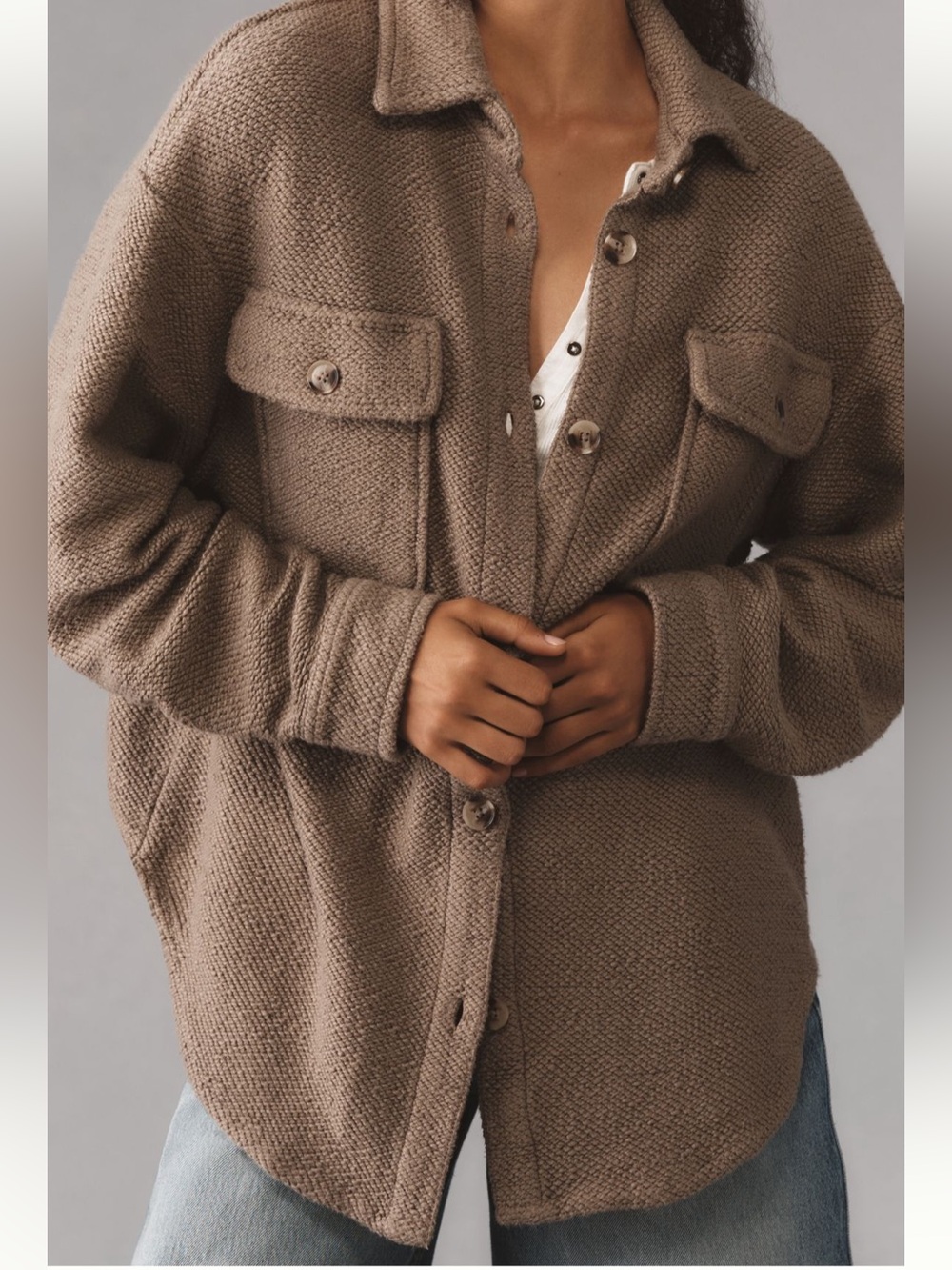 ·Anthropologie· Taupe Gray Oversized Knit Shacket Jacket
